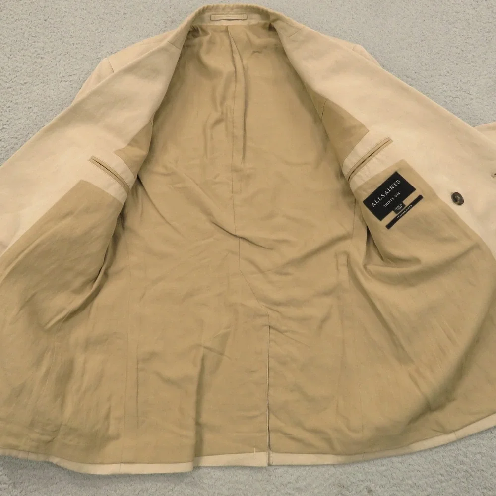 AllSaints Blazer 36R Linen Cotton Double Breasted Surgeon Cuffs Tan Jacket Mens